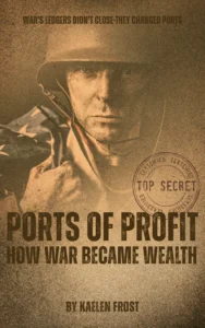 Book cover about war and wealth. Ports of profit.