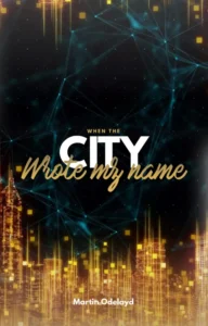 City skyline with glowing text overlay